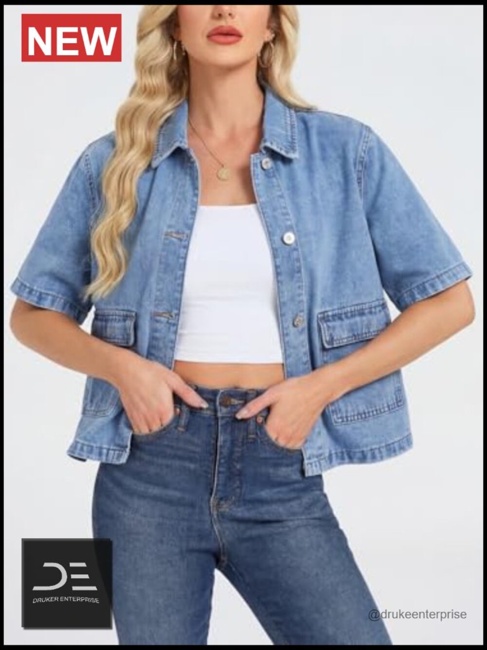Crop Denim Jacket Short Sleeve Boxy Fit Collared Jean Top with Pockets - Picture 5 of 6
